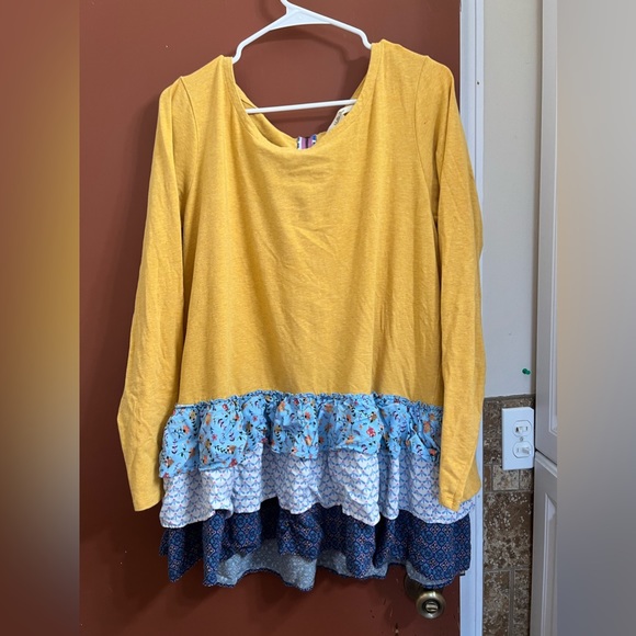 Matilda Jane Tops - Matilda Jane Mustard Yellow Tiered Ruffle Blouse with Blue Floral Trim